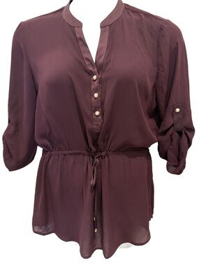 Ivanka Trump Plum Drawstring Button-Front Blouse. Large